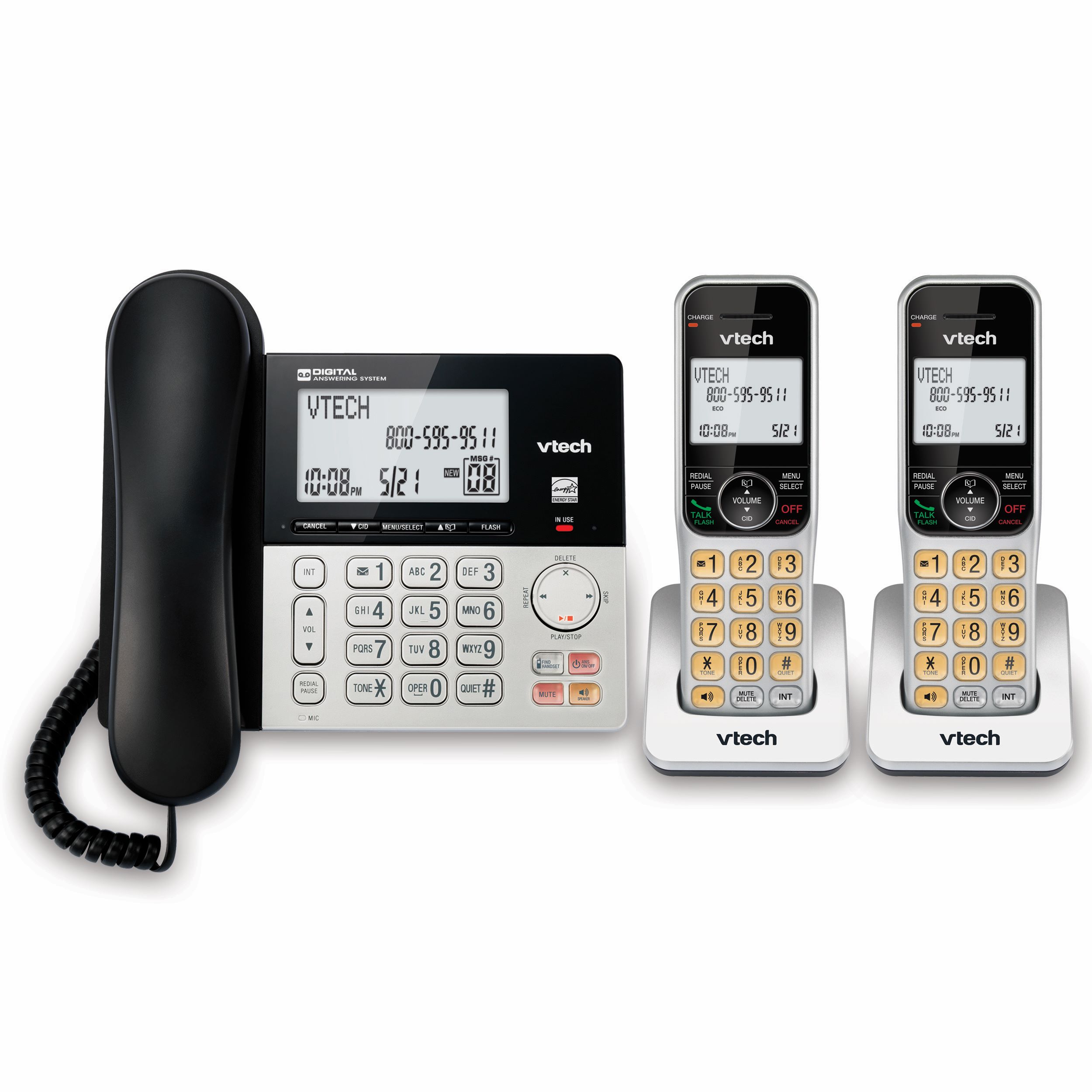 VTech 2-Handset Corded/Cordless Phone for Home with DECT 6.0, Answering Machine, Call Blocking, Caller ID, Large Backlit Display, Full-Duplex Speakerphone, Intercom, Landline Line-Power